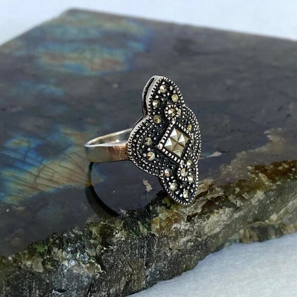 VTG Sterling Silver 925 Oxidized Art Deco Style Marcasite Band Ring Sz 6.75 - Picture 11 of 16